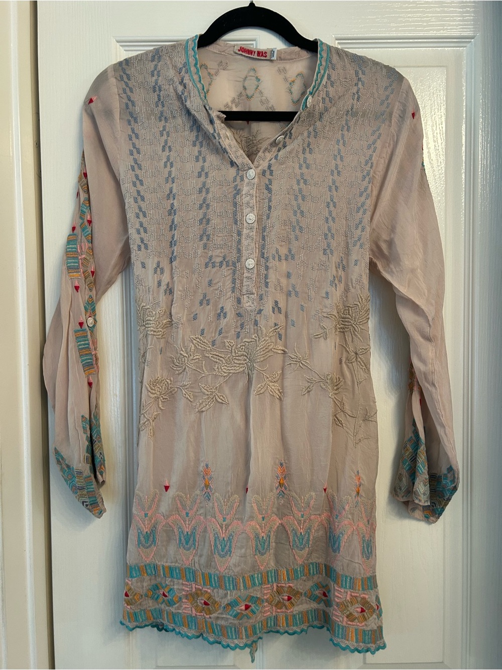 Johnny Was Beige Embroidered Tunic with Turquoise and Coral Accents